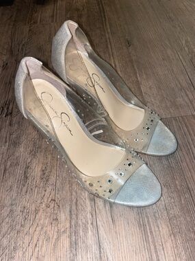 Jessica Simpson Clear Heels Rhinestone Studded | Open Toe Pumps | Silver